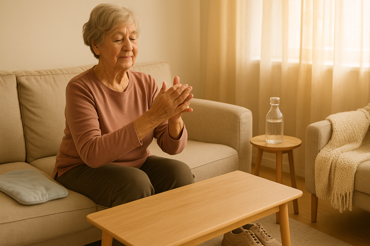 10 drobných návyků, které uleví kloubům už dnes (sedmý vás překvapí) – Photorealistic scene of a 70+ Czech woman sitting in a bright living room, gently doing hand and wrist exercises with a soft heat pack nearby, supportive walking shoes under the coffee table, a glass water bottle on a side table, warm morning light through curtains, cozy blanket on an armchair, 1200x675, no text.