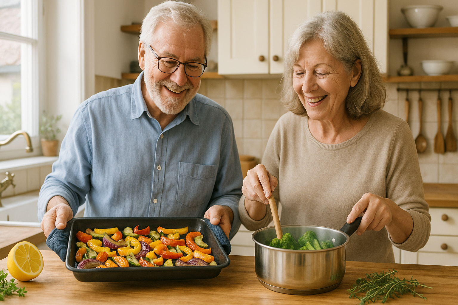 10 kuchařských triků, díky nimž budete vařit zdravěji a ještě si víc pochutnáte – Photorealistic image of a smiling senior couple cooking together in a bright home kitchen: roasting colorful vegetables on a baking tray and steaming broccoli, fresh herbs (parsley, thyme) on a wooden counter, a lemon cut in half, a small bottle of olive oil, natural daylight, cozy Czech-style kitchen. 1200x675, no text.