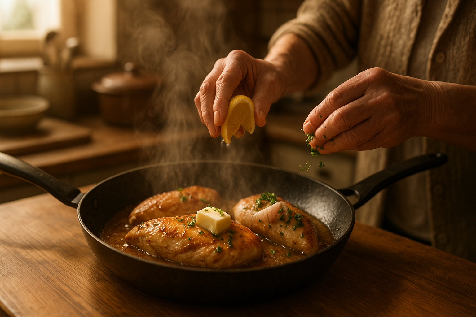10 tajemství šéfkuchařů, která okamžitě promění vaše vaření – Photorealistic scene in a cozy Czech home kitchen: elderly hands finishing a golden pan-seared chicken with a knob of butter, a squeeze of lemon, and a sprinkle of fresh parsley; steam rising from the pan, deglazed sauce glistening; warm afternoon light, wooden countertop, simple cookware in the background. 1200x675, shallow depth of field, no text.