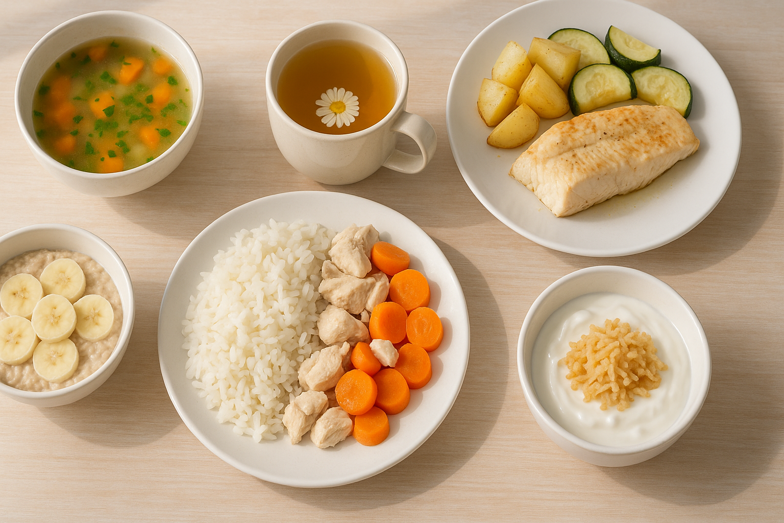 5 dní bez bolestí břicha: levný jídelníček, který zvládne každý senior – Photorealistic overhead shot of a bright Czech home kitchen table with simple light meals for sensitive digestion: bowl of vegetable soup, plate of steamed white rice with chicken and carrots, baked white fish with potatoes and zucchini, oatmeal with banana, yogurt with grated apple and a cup of chamomile tea; natural morning light, soft neutral colors, 1200x675, no text.