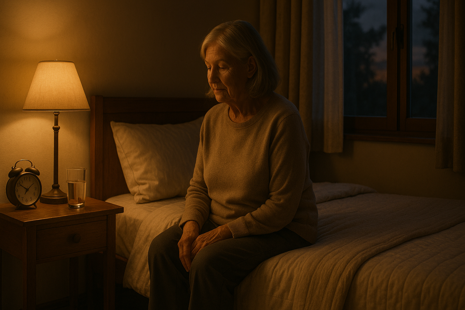9 ověřených triků, díky nimž po šedesátce usnete mnohem rychleji – Photorealistic scene of a cozy bedroom at night: a woman around 68 sits on the edge of a neatly made bed, warm bedside lamp glowing, glass of water on a wooden nightstand with an analog clock, soft bedding, slightly open window with dusk sky and curtains, calm atmosphere, natural colors and soft shadows, 1200x675, no text.
