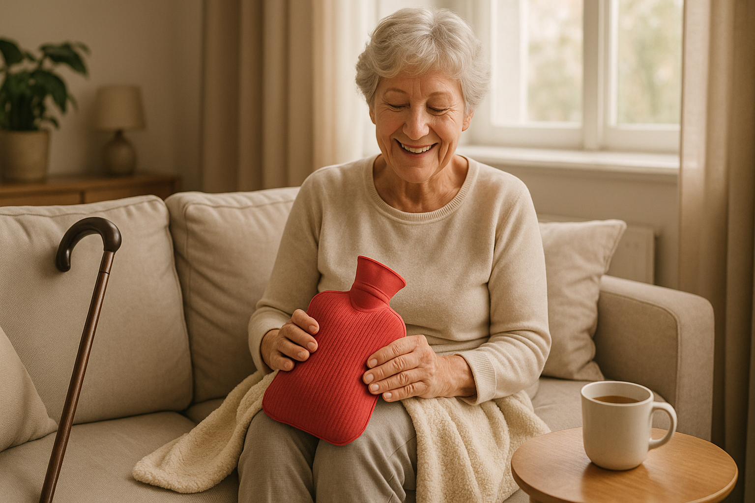 Bolest kloubů umí potrápit. Těchto 12 jednoduchých návyků přináší překvapivou úlevu – Photorealistic scene of a smiling senior woman in a cozy living room, sitting on a sofa with a soft blanket, applying a warm compress to her knee while a walking stick rests nearby; soft morning light through a window, a cup of tea on a small table, neutral pastel colors, sharp focus, 1200x675, no text.