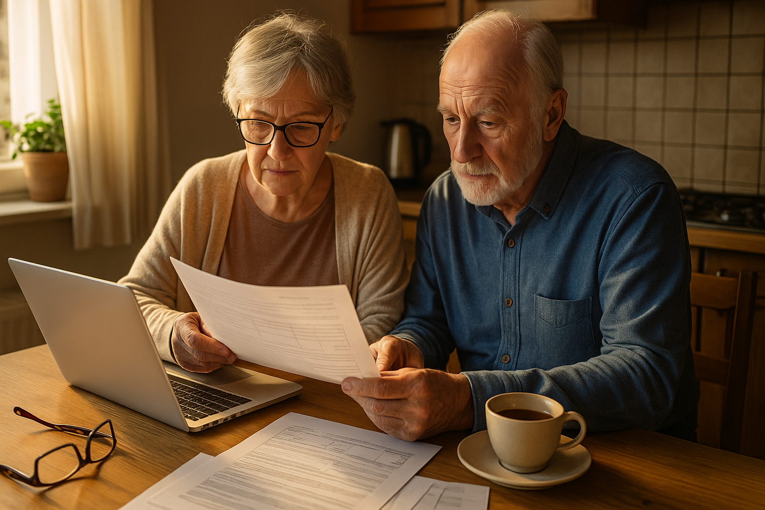 Češi, nenechávejte peníze státu: 9 způsobů, jak si zvýšit důchod už letos – Photorealistic scene of a senior Czech couple at a kitchen table reviewing pension documents and a laptop, reading glasses and a cup of tea on the table, warm morning light through a window, subtle paperwork details, natural colors, 1200x675, no text.