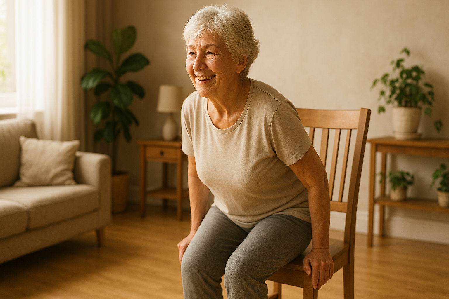 Fyzioterapeuti doporučují: 7 nenápadných cviků, které za 10 minut denně rozhýbou tělo i náladu – bez posilovny a bez bolesti – Photorealistic scene of a smiling senior woman around 70 performing a sit-to-stand exercise from a sturdy wooden chair in a bright, cozy living room. Soft morning light from a window, wooden floor, houseplants, neutral warm colors, subtle depth of field. No text in the image. 1200x675.