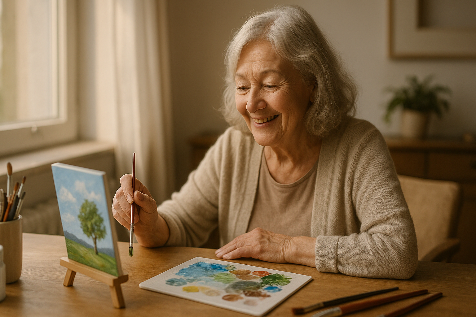 Je vám 65+? Tohle je nejjednodušší způsob, jak dnes začít malovat a mít radost už po první hodině – Photorealistic scene of a smiling Czech senior woman painting a simple acrylic landscape at a sunlit table by a window. Cozy home interior, neutral colors, brushes, palette, small canvas with sky and a tree, soft afternoon light, shallow depth of field. 1200x675, no text.