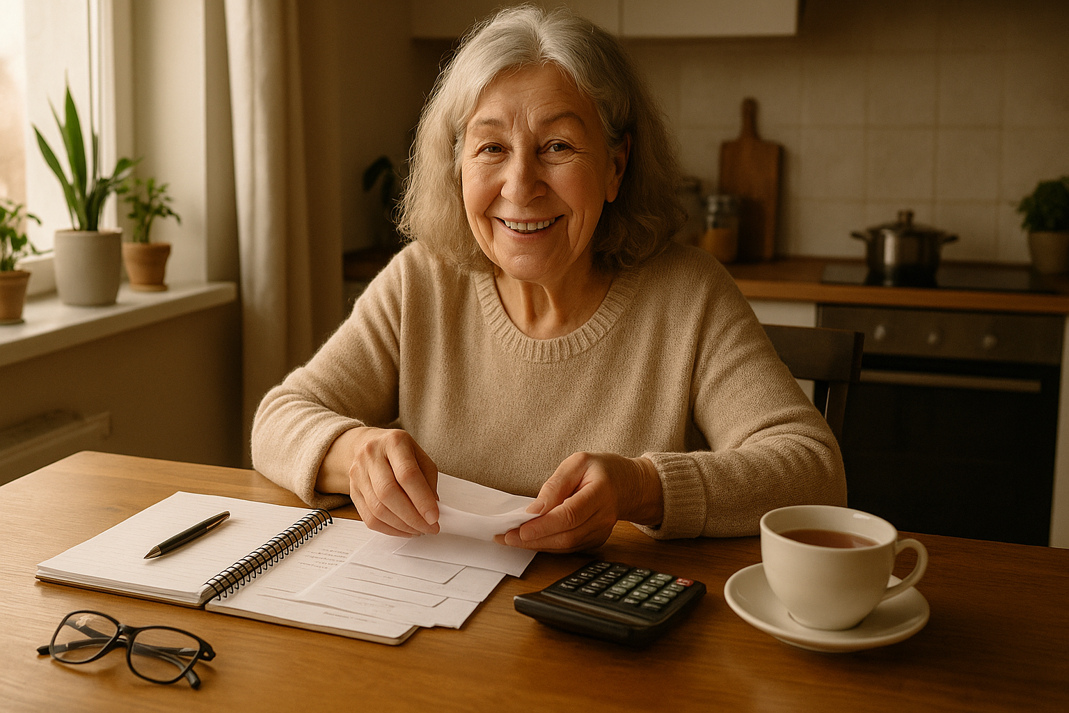 Jednoduchý plán po 65, který šetří tisíce měsíčně: zvládne ho každý – Photorealistic scene of a smiling Czech senior woman at a cozy kitchen table, sorting household bills and a budget notebook with a calculator, pen, cup of tea, and reading glasses. Warm natural morning light, indoor plants on the windowsill, simple modern apartment interior. 1200x675, no text.