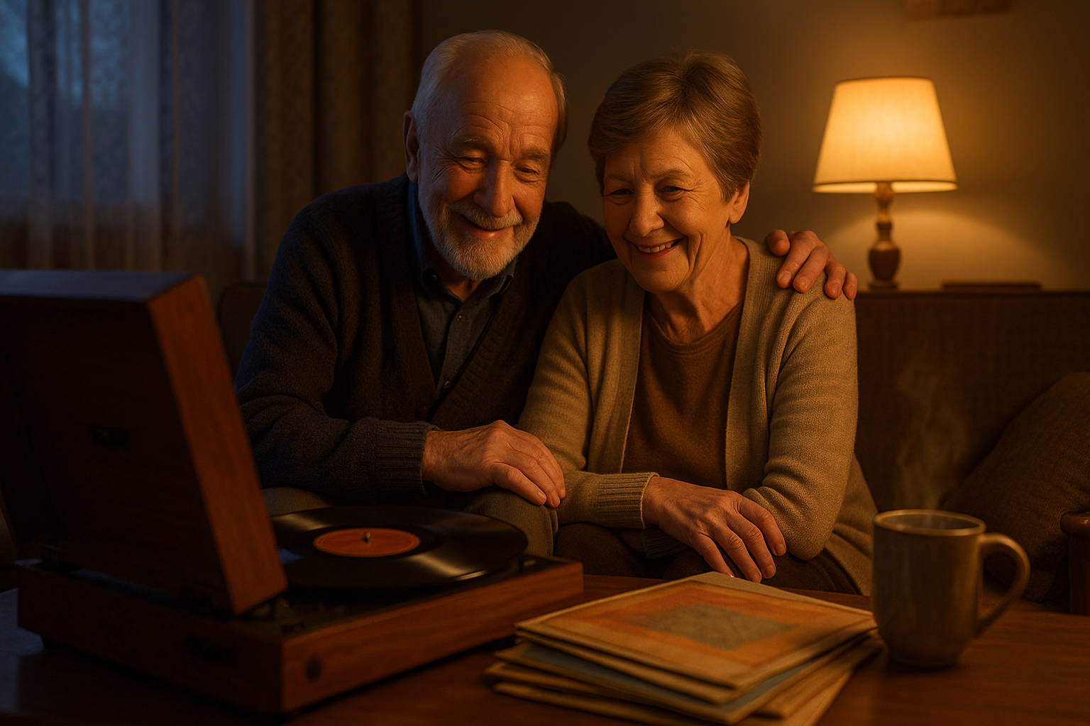 Když zazní Dancing Queen nebo Holubí dům, čas se zastaví: 20 hitů 70. let, které chcete slyšet znovu – Photorealistic scene of a cozy Czech living room at dusk: an elderly couple smiling and listening to a vintage turntable playing a vinyl record, soft warm lamp light, wooden furniture, stack of generic 1970s-style vinyl sleeves on a table, subtle patterned curtains, a mug of tea with steam. 1200x675, no text, natural colors, shallow depth of field.