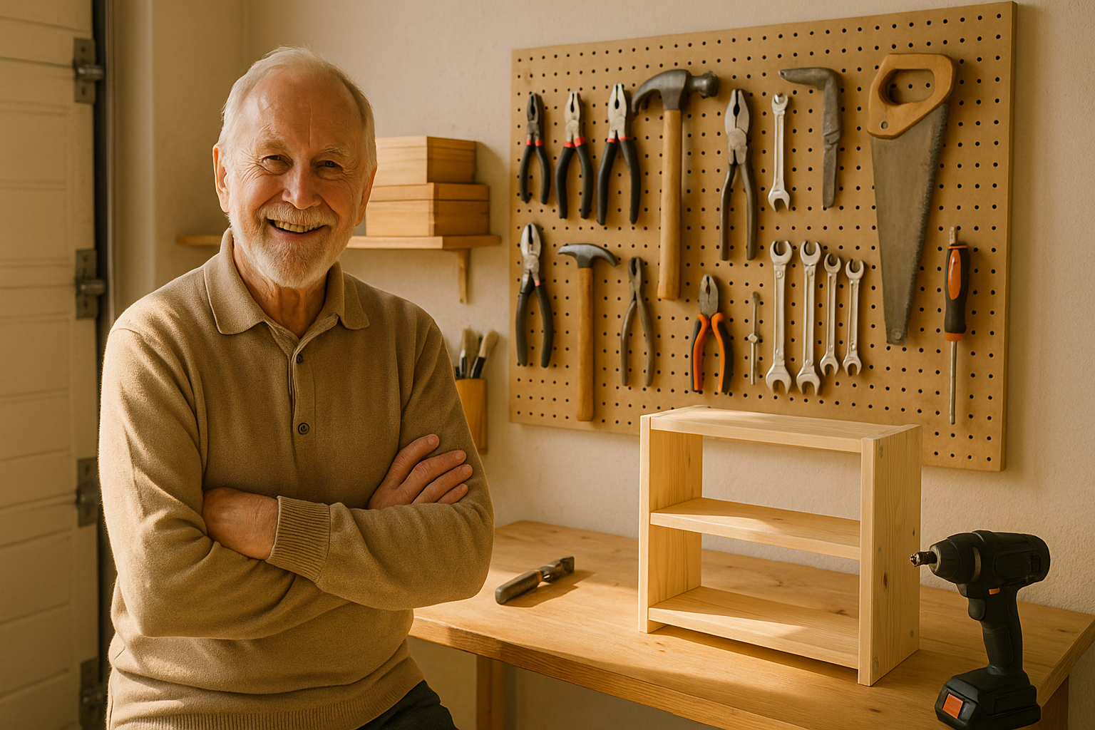 Koutek v garáži mi ušetřil 15 000 Kč ročně: jak si doma udělat dílnu bez nervů a prachu – Photorealistic scene of a cheerful senior man in a tidy small home workshop corner, warm daylight, pegboard with neatly arranged tools, small workbench with a cordless screwdriver and wooden shelf project, clean background in a garage or utility room, soft shadows, 1200x675, no text.