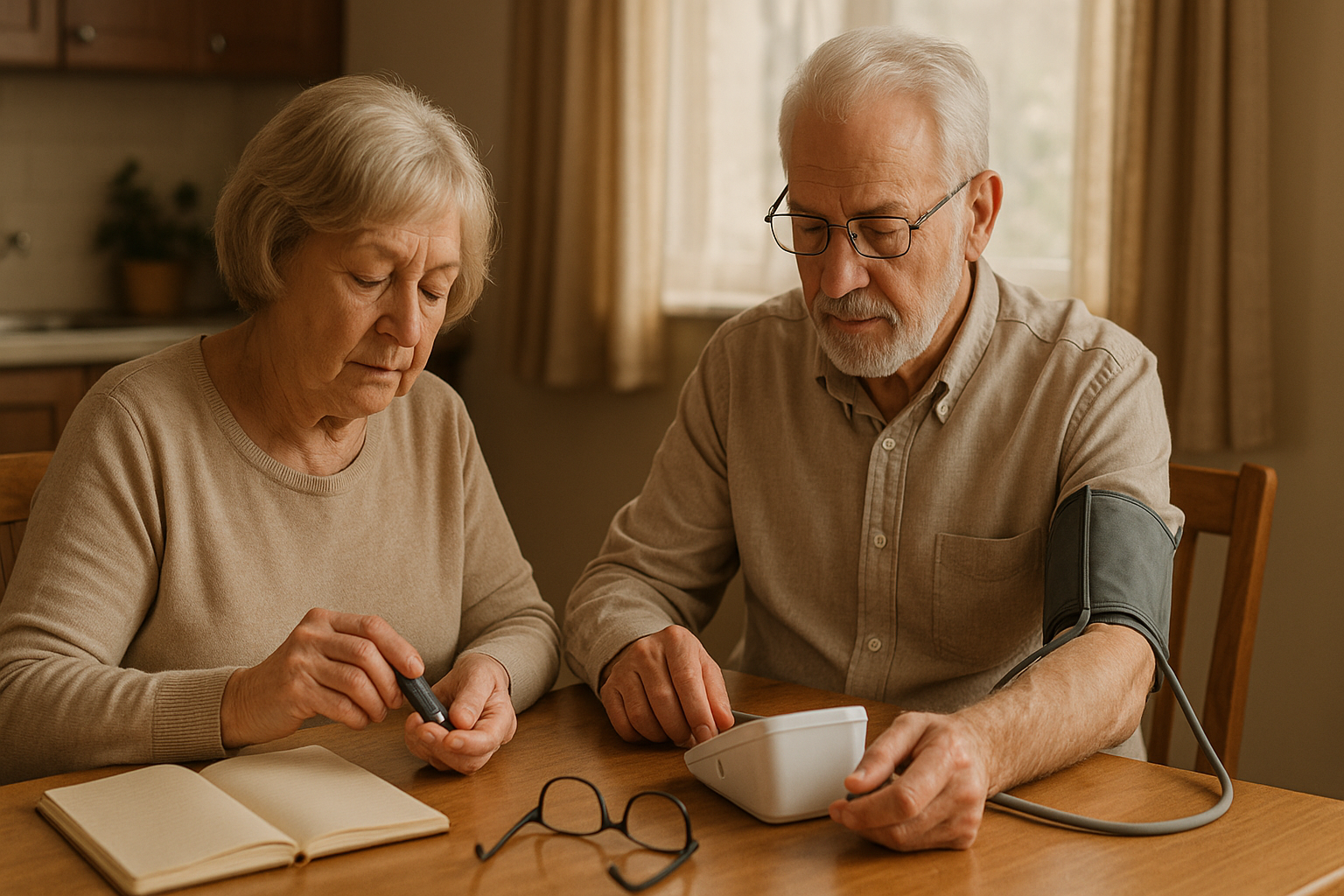 Máte po 65? Tohle si zkontrolujte doma: tlak, cukr a cholesterol – a kdy raději hned k lékaři – Fotorealistická scéna u kuchyňského stolu: seniorský pár (muž a žena kolem 70 let) měří krevní tlak pažním tonometrem a druhý kontroluje glukometr, vedle zápisník a brýle, jemné denní světlo z okna, teplé barvy, uklizená domácnost. 1200x675, no text.