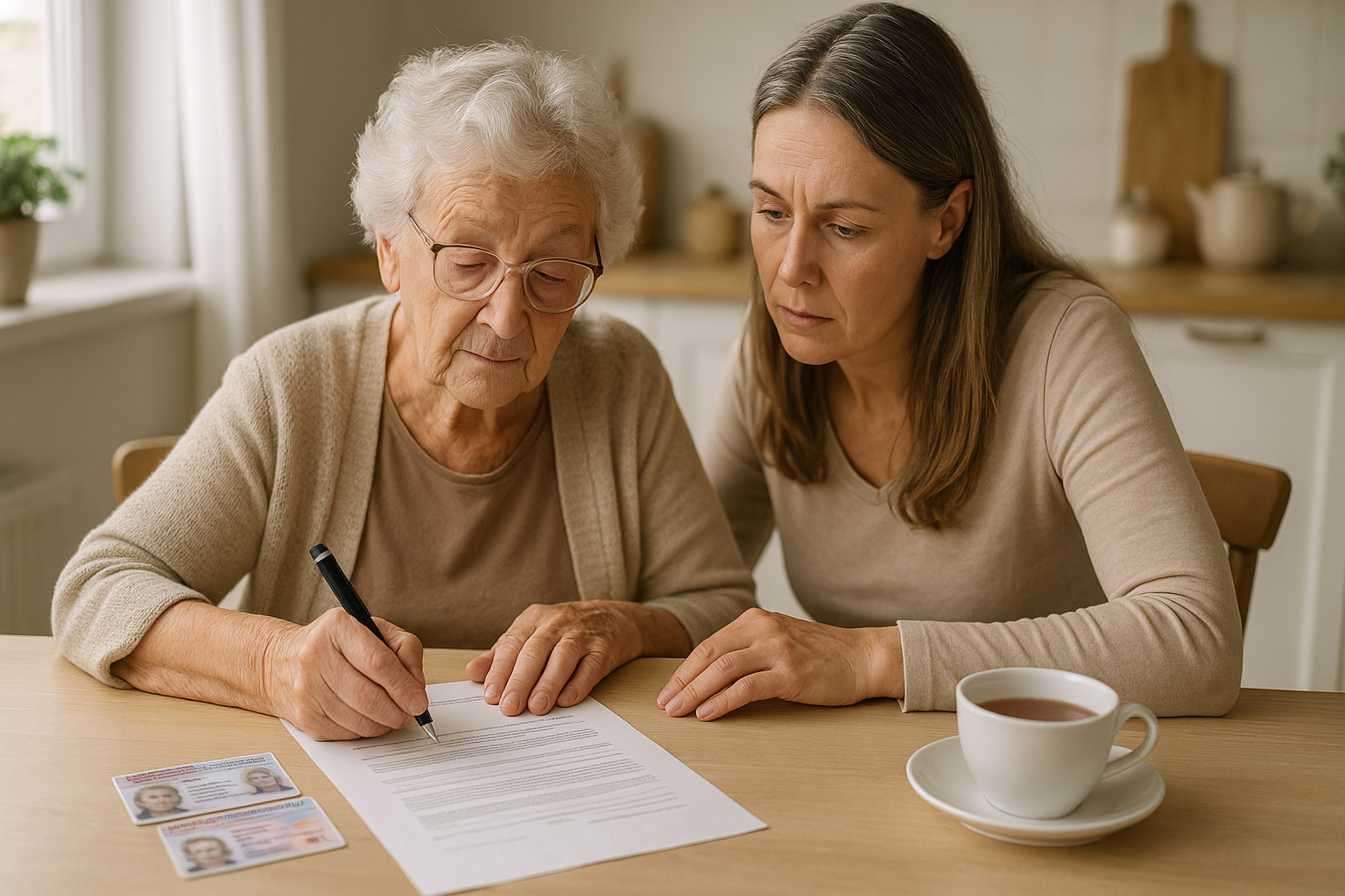 Nečekejte, až bude pozdě: plná moc, která vaší rodině ušetří starosti i peníze – Photorealistic scene of an elderly Czech woman at a bright kitchen table with her adult daughter reviewing and signing a power of attorney document. Visible details: Czech ID cards on the table, a pen in hand, a cup of tea, daylight through a window, soft natural colors. 1200x675, no text.