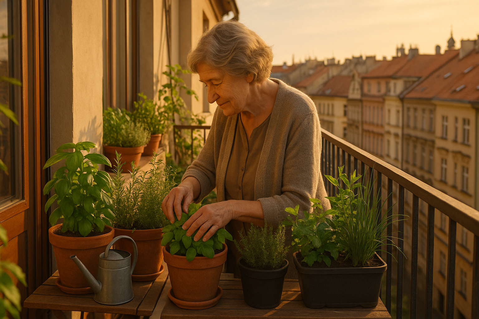 Neuvěříte, kolik radosti a chuti dá pár truhlíků! Bylinky na balkóně po celý rok – Photorealistic scene of a cozy Czech apartment balcony at golden hour, with an older woman tending to lush herb planters (basil, rosemary, thyme, chives, mint) in terracotta and plastic pots, warm sunlight, city rooftops in background, watering can on a small wooden table, gentle breeze moving leaves, 1200x675, no text.