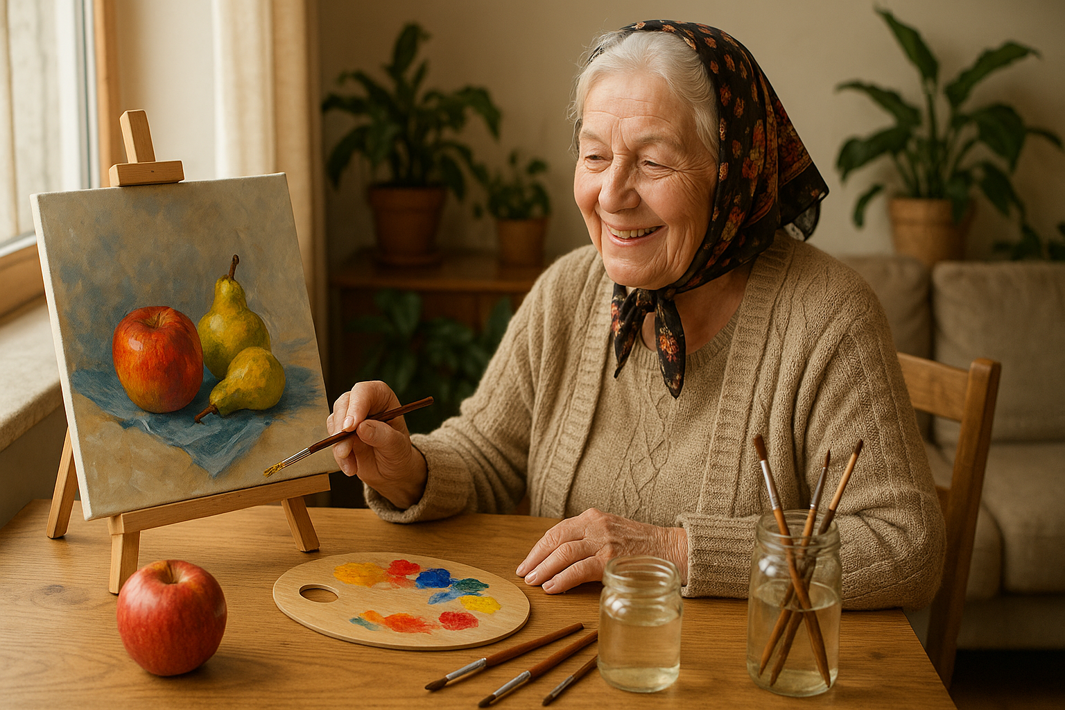 Nikdy není pozdě! Namalujte svůj první obraz už o víkendu (i bez „talentu“) – Photorealistic scene of a smiling senior Czech woman painting an acrylic still life at a wooden table by a bright window, soft morning daylight, simple easel with canvas panel, small palette with primary colors, jars of water, brushes, a red apple as reference, cozy living room with plants in the background; natural textures and warm tones. 1200x675, no text.