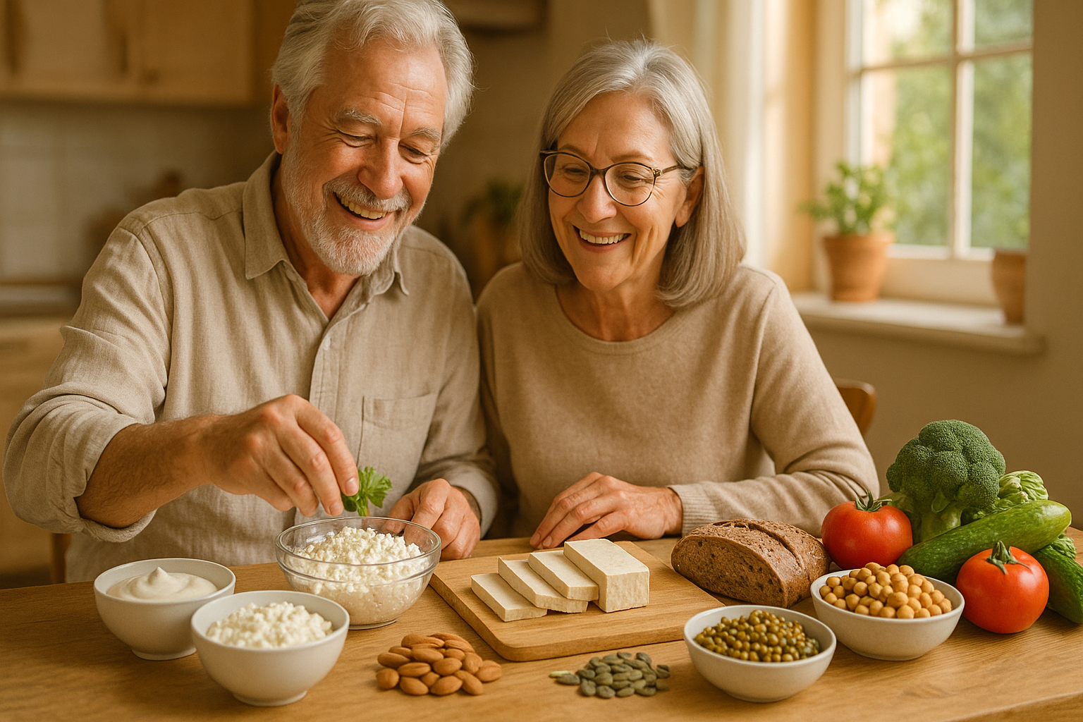 Po 65 letech nestačí jen polévka a rohlík: 11 snadných cest k bílkovinám i bez masa – Photorealistic scene of a cheerful senior couple in a bright home kitchen preparing a protein-rich meatless meal: bowls of skyr and cottage cheese, tvaroh in a glass bowl, sliced tofu on a wooden board, cooked lentils and chickpeas, wholegrain bread, nuts and seeds, fresh vegetables. Natural daylight through a window, warm tones, shallow depth of field, 1200x675, no text.