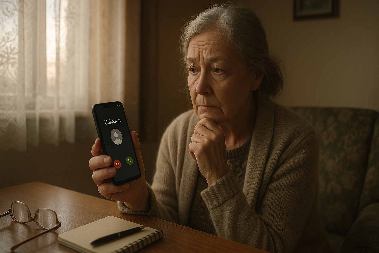 Řekli jste po telefonu „ano“? Může vás to stát tisíce. 9 triků, jak se nenechat nachytat – Photorealistic scene of a senior woman in a cozy Czech living room holding a smartphone, caller ID shows an unknown number, she looks cautious and thoughtful; soft afternoon light through lace curtains, wooden table with glasses and a notepad, muted colors. 1200x675, no text.