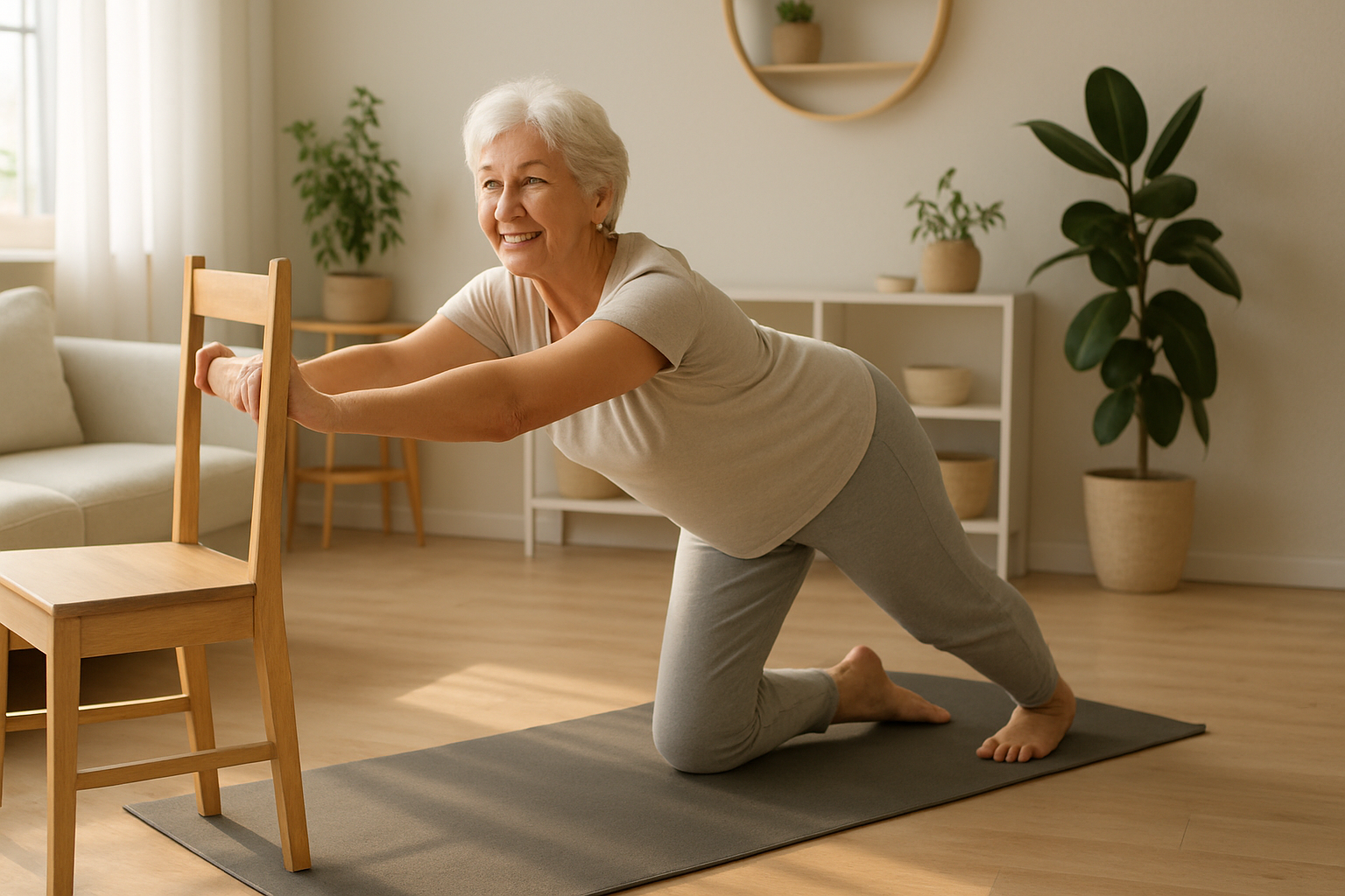 Stačí 15 minut denně: Týdenní plán, který pomohl mnoha seniorům zbavit se bolestí zad – Photorealistic scene of a smiling senior woman around 70 doing gentle back stretching on a yoga mat in a bright, cozy living room with soft morning light. She holds onto a sturdy chair for support, neutral-toned sportswear, visible relaxed breathing. Minimal Scandinavian decor, wooden floor, houseplants, no text. 1200x675.