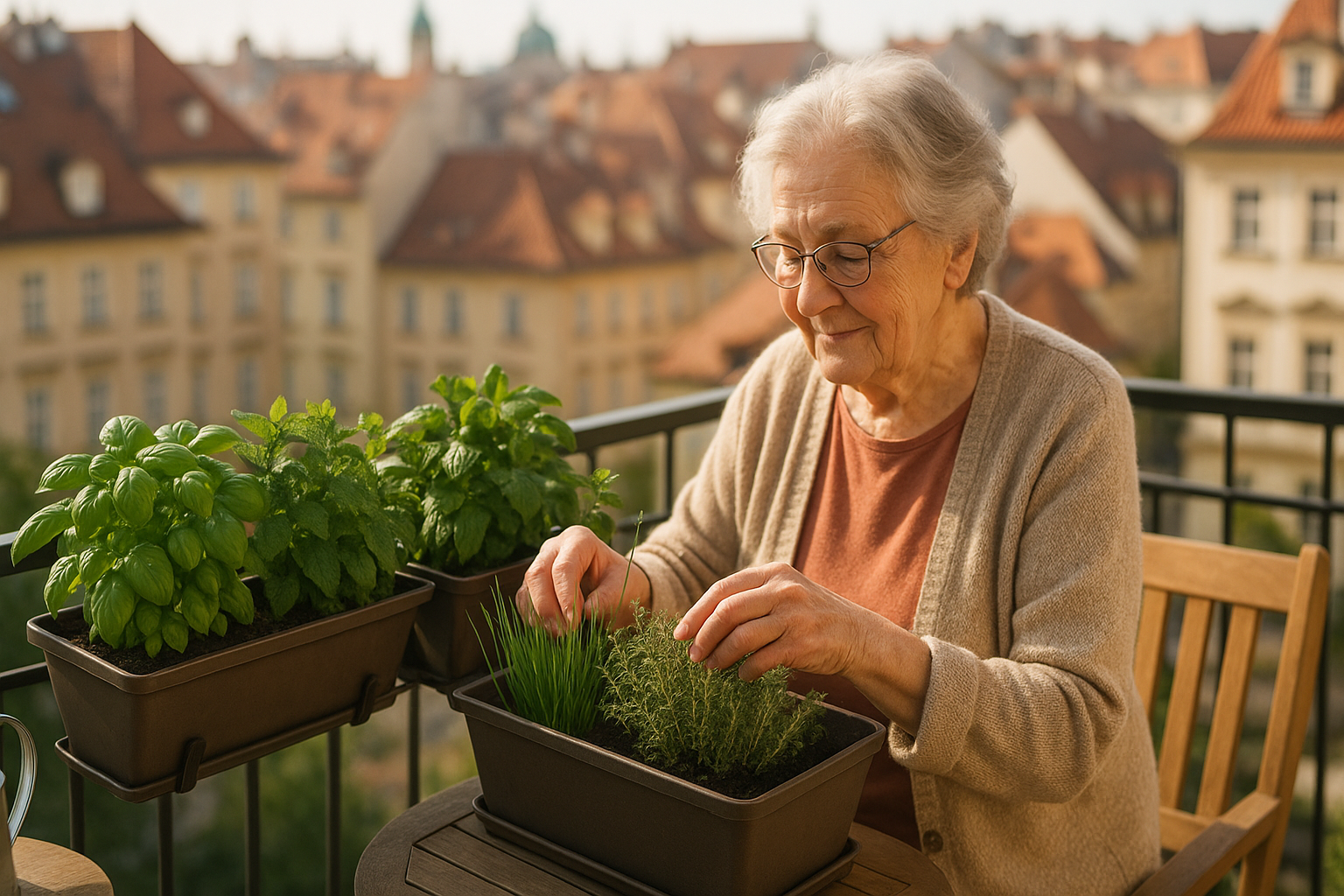 Tahle chytrá vychytávka provoní váš balkón i v lednu: bylinky po celý rok, bez dřiny a za pár korun – Photorealistic balcony scene with an elderly Czech woman tending herb planters (basil, mint, chives, thyme) in light morning sun; cozy small apartment balcony with safe rail planters, watering can on a small table; Prague-style rooftops softly blurred in background; natural colors, shallow depth of field, 1200x675, no text.
