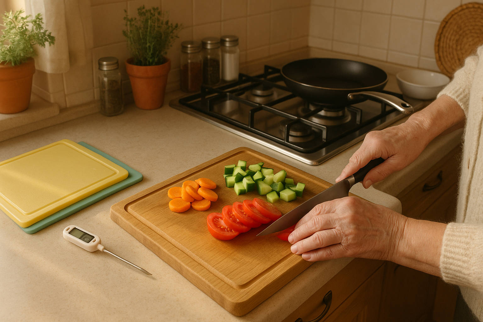 Těchto 15 kuchyňských chyb děláme pořád – kvůli č. 7 zbytečně riskujeme zdraví! – Photorealistic photo of a cozy Czech home kitchen. Elderly hands calmly chopping fresh vegetables on a wooden cutting board next to a clean counter; a small food thermometer, two color-coded cutting boards, and a pan heating on the stove. Warm morning light, tidy space with spices and herbs, no text, 1200x675.