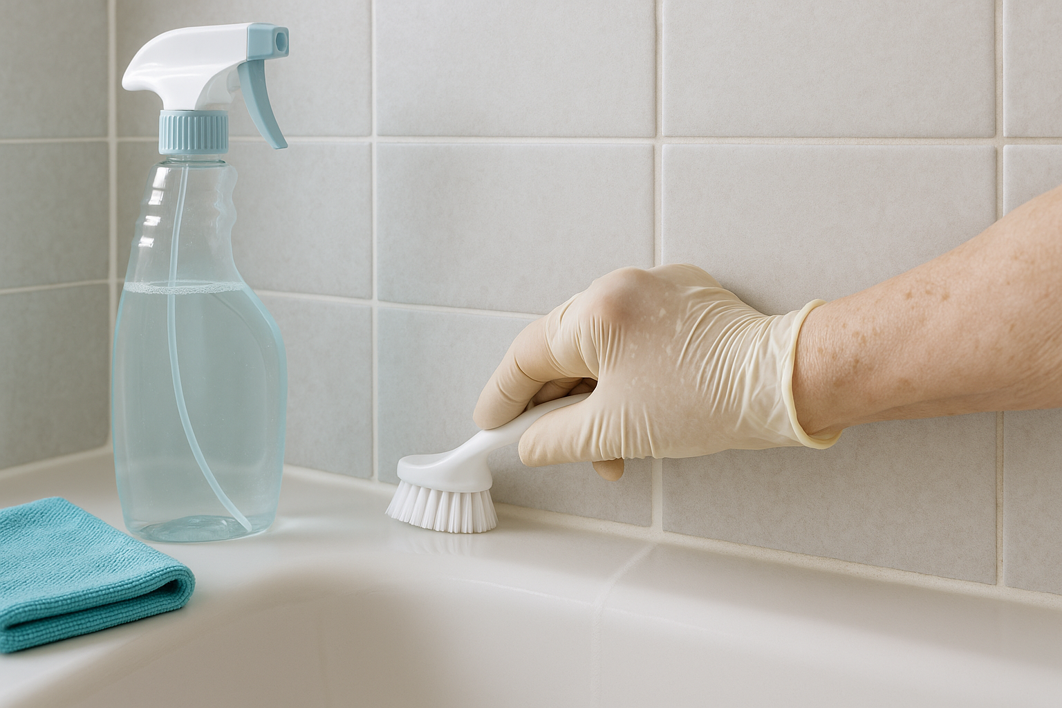 Tohle vyčistí i černé spáry za 15 minut! Trik, který používají profesionálové – Photorealistic close-up of a bathroom wall with light-grey ceramic tiles and grout. An elderly person’s gloved hand uses a soft-bristle grout brush while a spray bottle and microfiber cloth rest nearby. Natural daylight, clean, bright scene, subtle before/after contrast along the grout line, 1200x675, no text.