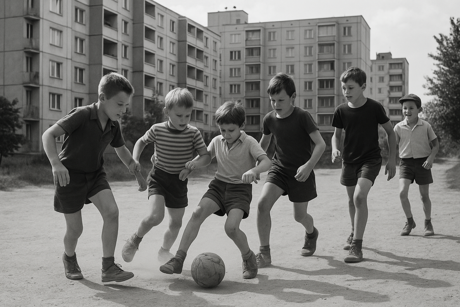 Toto dnešní děti nikdy nezažijí: 7 věcí, které jsme milovali v dětství – Skupina dětí v 60. letech hraje fotbal s hadrákem na prašné ulici. V pozadí paneláky, letní atmosféra, černobílý nebo lehce retro tón fotografie.