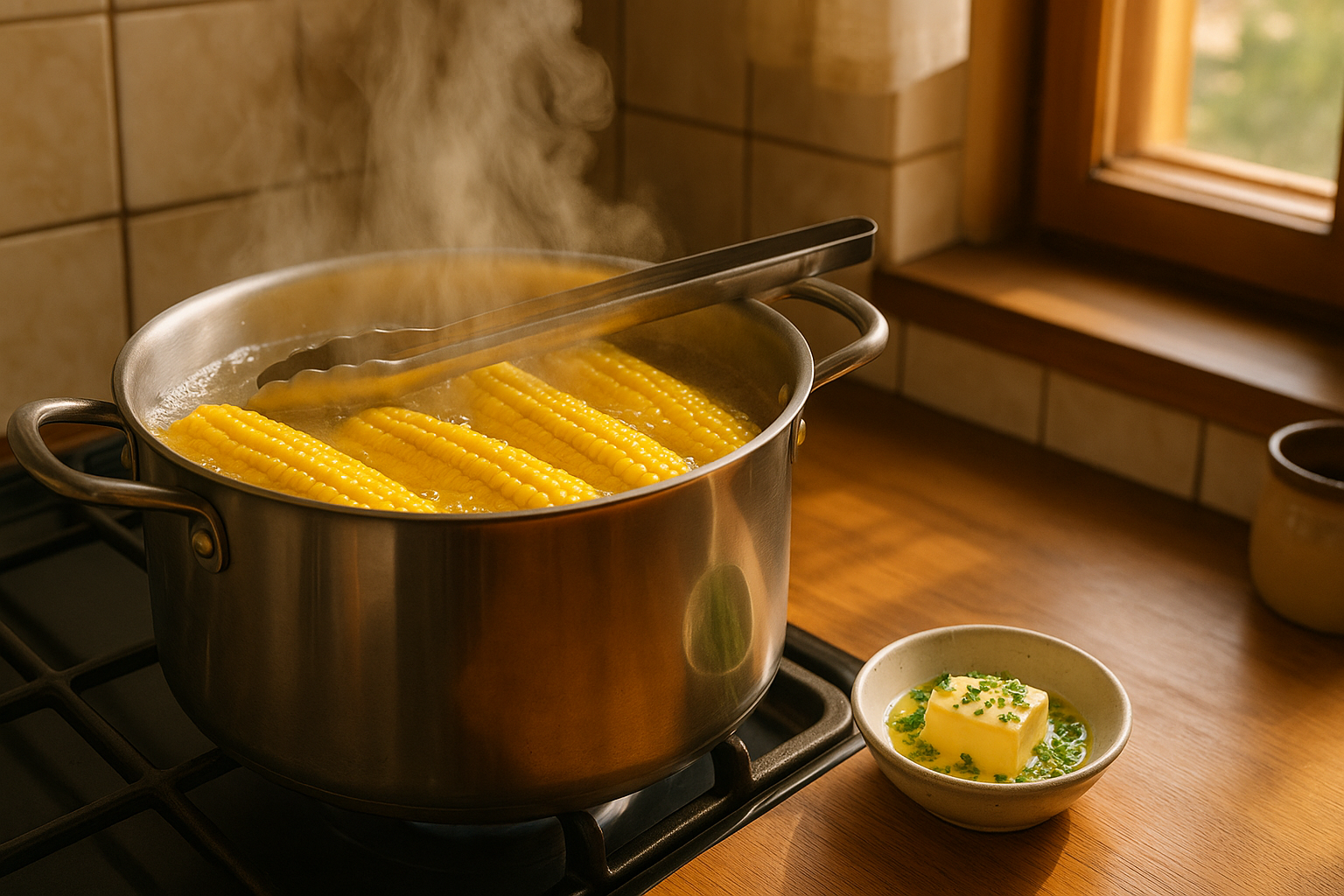 Trik našich babiček: kukuřice sladká jako z pole za pár minut! Stačí jeden krok v hrnci – Photorealistic scene of a stainless steel pot on a stovetop with several bright yellow corn cobs gently boiling in clear water, visible steam rising, tongs resting on the rim, a small dish with melting butter and fresh chopped herbs nearby, warm afternoon light in a cozy Czech kitchen, 1200x675, no text.