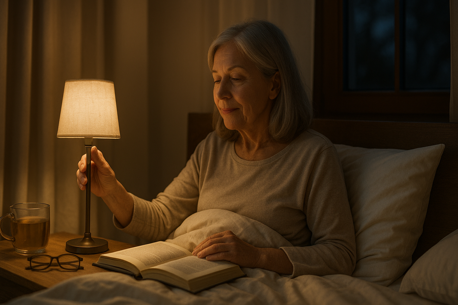 Usínám do 20 minut: 9 kroků, které po 65 fungují lépe než tabletky – Photorealistic photo, 1200x675, cozy evening bedroom with a senior woman in her late 60s closing a warm bedside lamp after reading a book, soft linens, slightly opened window with quiet night outside, dim warm lighting, uncluttered nightstand with glasses and a mug of herbal tea, calm expression, shallow depth of field, no text.
