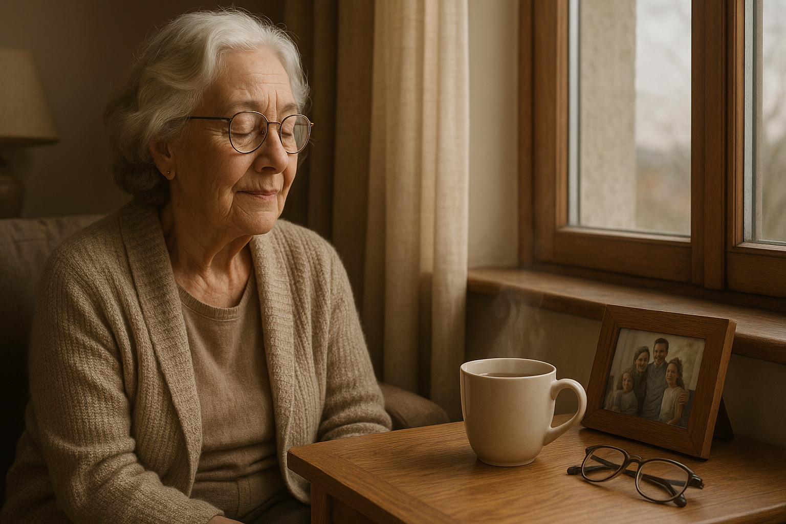 Vědci bijí na poplach: Osamělost po 65 je srovnatelná s 15 cigaretami denně. Zde je 12 kroků, jak se jí bránit – Photorealistic scene, 1200x675 px: An elderly woman sitting by a window in a cozy living room at midday, soft natural light illuminating her face, a steaming cup of tea on a wooden table with a family photo frame and reading glasses, gentle shadows, slightly overcast sky outside, warm neutral colors, no text.