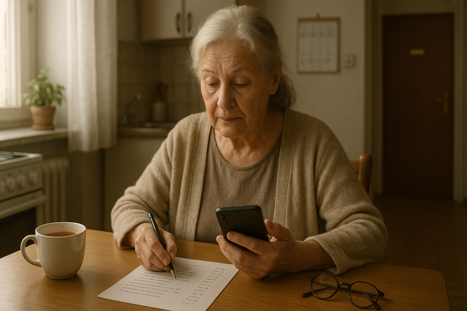 Volat 155, 112, nebo jinam? Jednoduchý tahák, co říct a co mít po ruce – Photorealistic scene of a calm elderly woman at a kitchen table in a cozy Czech apartment, holding a mobile phone while looking at a neatly written list of emergency numbers and medications; reading glasses, a pen, and a cup of tea on the table; soft morning light from a window, subtle details like a wall calendar and a door with a visible nameplate in the background, 1200x675, no text.