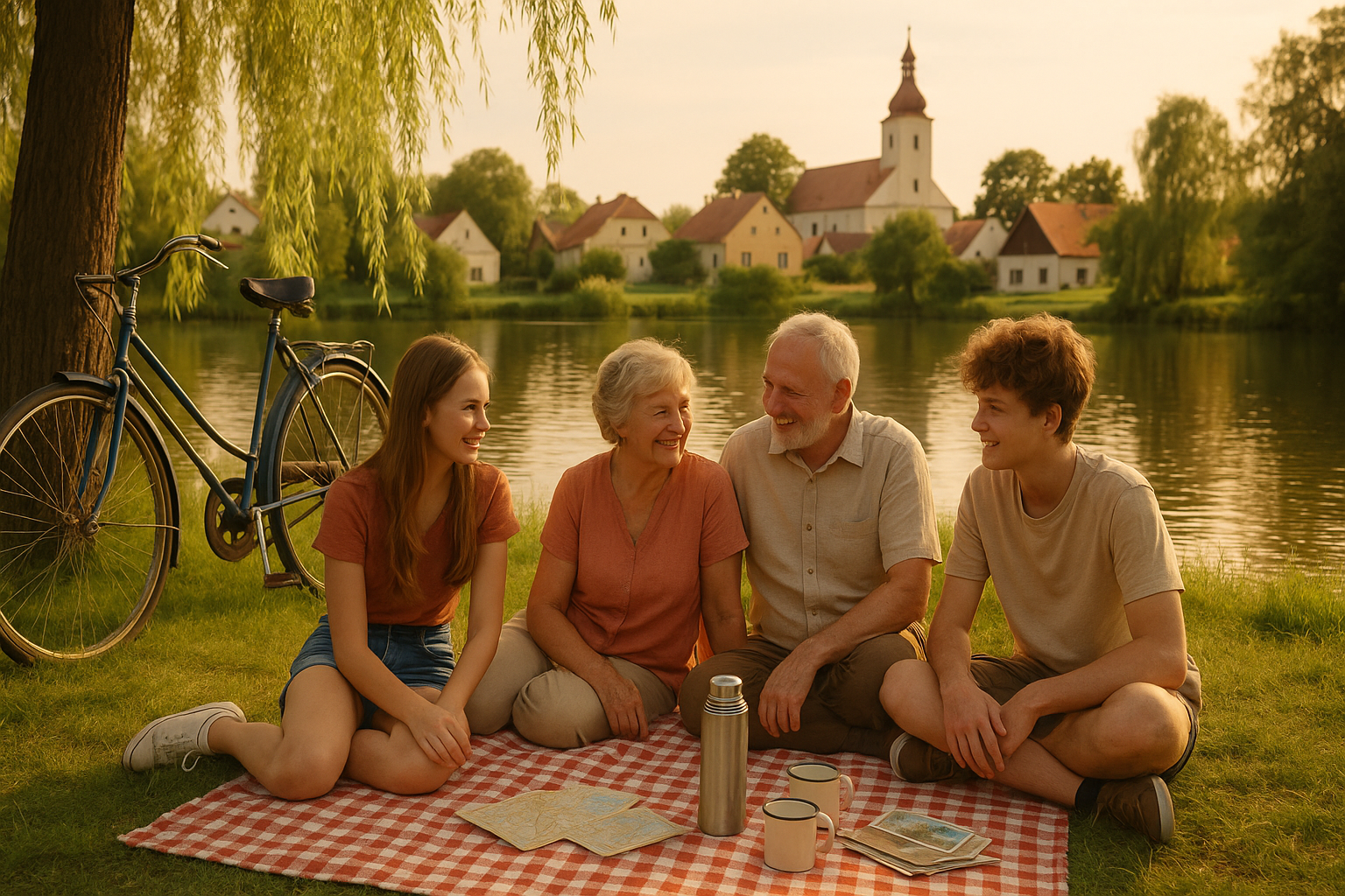 Vzpomínáte? 17 věcí, které dělalo léto krásným i bez mobilu a Wi‑Fi – Photorealistic scene of a Czech summer afternoon by a small pond: an elderly couple sits on a checkered picnic blanket with their teenage grandkids, a vintage bicycle (Favorit/Ukrajina style) leaning against a willow, a thermos and enamel mugs, a stack of postcards and a paper map on the blanket, no phones visible. Warm golden hour light, soft ripples on water, Central European village in the background. 1200x675, no text.