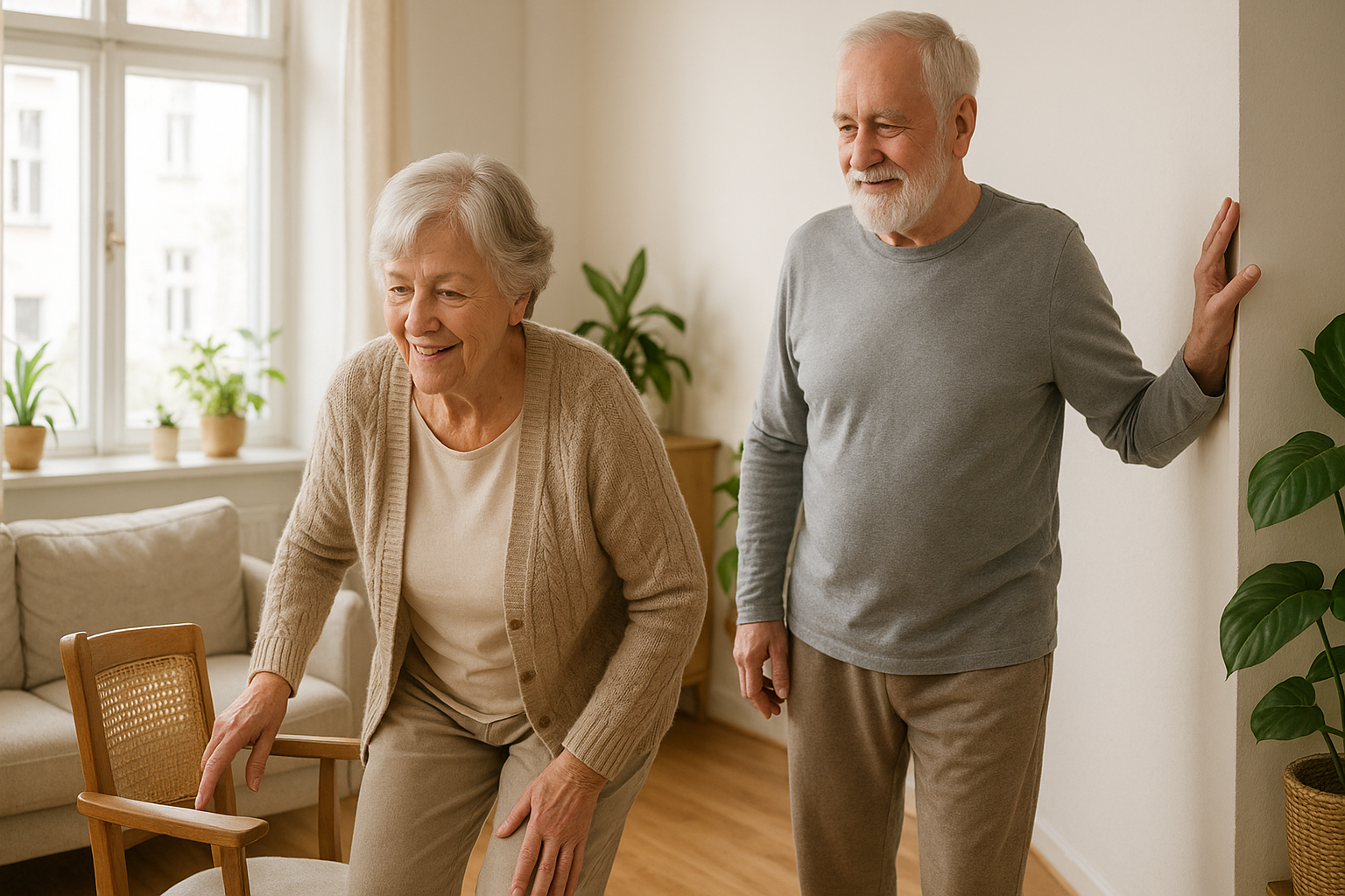 Za 10 minut se rozhýbete a ulevíte kloubům: 7 nenápadných cviků, které seniorům mění ráno v malý zázrak – Photorealistic scene of a smiling senior couple in a bright Czech living room, morning natural light. The woman is standing up from a sturdy wooden chair with careful form, the man stands nearby with one hand lightly touching a wall for balance. Comfortable home clothes, wooden floor, houseplants, soft neutral colors, no text in image, 1200x675.