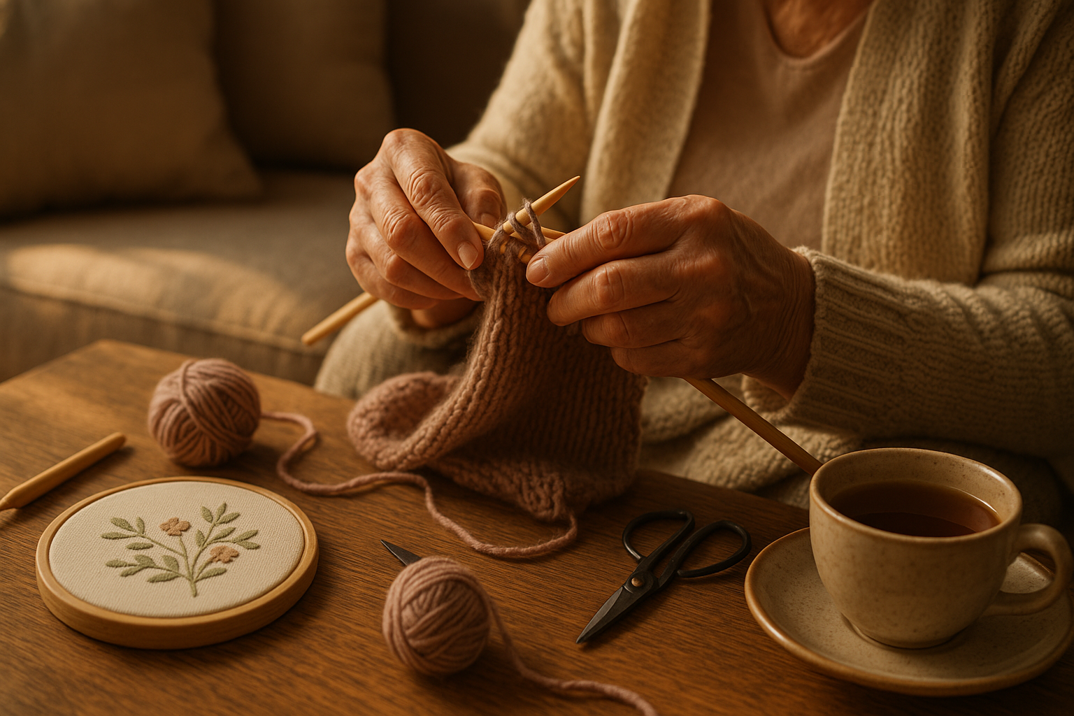 Zkuste 20 minut denně: pletení, háček a jehla zázračně utiší hlavu i ruce — tipy pro úplné začátečníky 65+ – Photorealistic cozy living room in warm afternoon light; close-up of elderly woman’s hands (70+) knitting with wooden needles, soft wool yarn in muted colors on a coffee table; nearby a crochet hook, an embroidery hoop with simple floral pattern, scissors and a cup of tea; natural textures, shallow depth of field, 1200x675, no text.